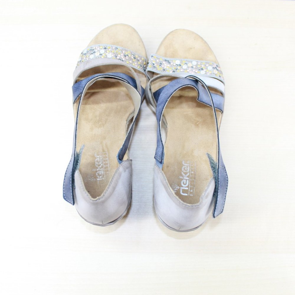 RIEKER Blue Brown Strappy Wedge Heeled Sandals Siz - Picture 6 of 9